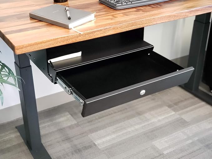 Stand Up Desk Store Add-On Office Sliding Under-Desk Drawer Storage Organizer for Standing Desks (Black, Lockable with Padded Laptop Shelf) 18"