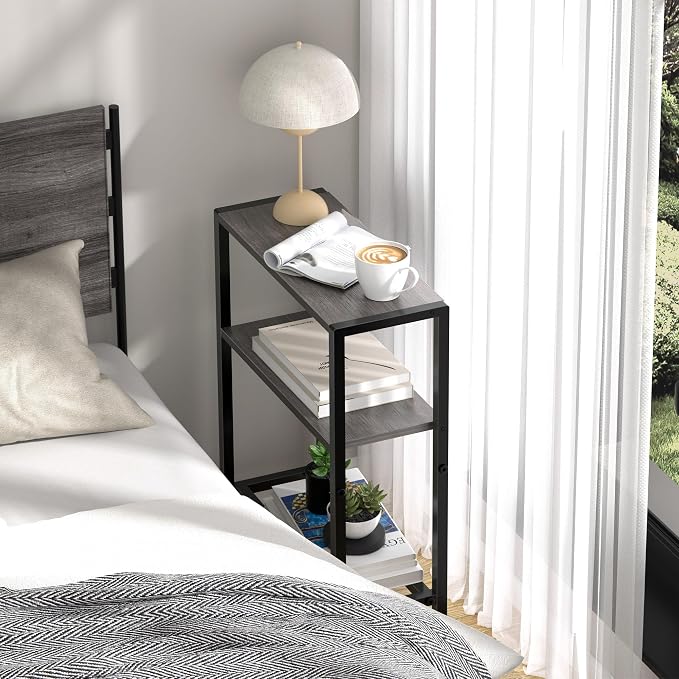 Narrow Side Table Set of 2 for Small Space, 2-Tier Small End Table with Shelf Holder, Slim Nightstand, Skinny Snack Couch Table in Living Room, Bedroom, Study, Kitchen and Balcony (Grey)