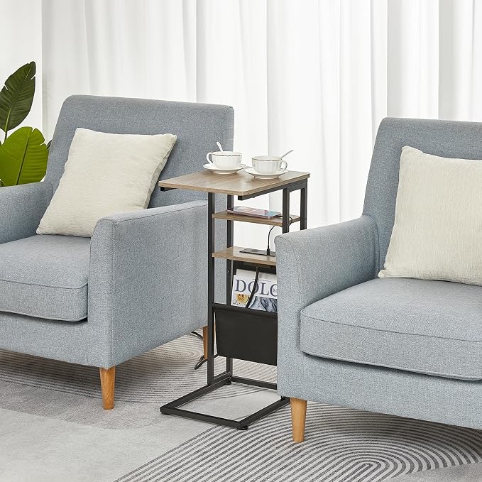 C Shaped End Table with Charging Station, 28"(H) 3-Tier C Table with Storage Bag, Under Couch Table C-Shaped End Table with Storage Shelves and Bag for Living Room, Bedroom, or Office