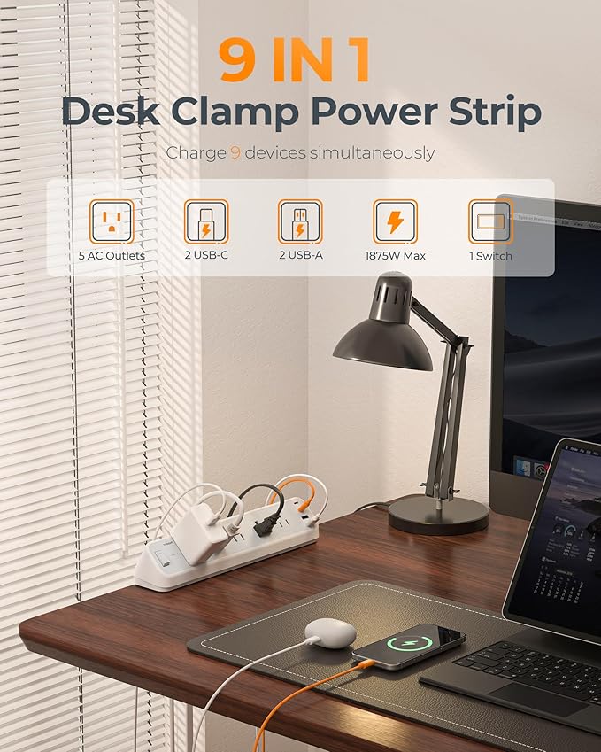 TESSAN Desk Clamp Power Strip 6 Ft, 2100J Surge Protector Desk Charging Station, 5 Outlets with 4 USB Ports (2 USB C), Flat Plug Extension Cord with Multiple Outlets for Home Office Dorm Room, Grey