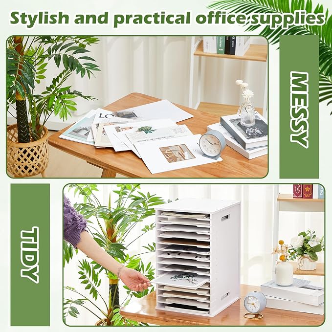 Juexica 15 Tier 8.5" x 11" Scrapbook Paper Organizer, White Cardstock File Organizer with Adjustable Shelves, Stackable Paper Trays, Desktop Storage Rack Document Holder for Desk Home Office