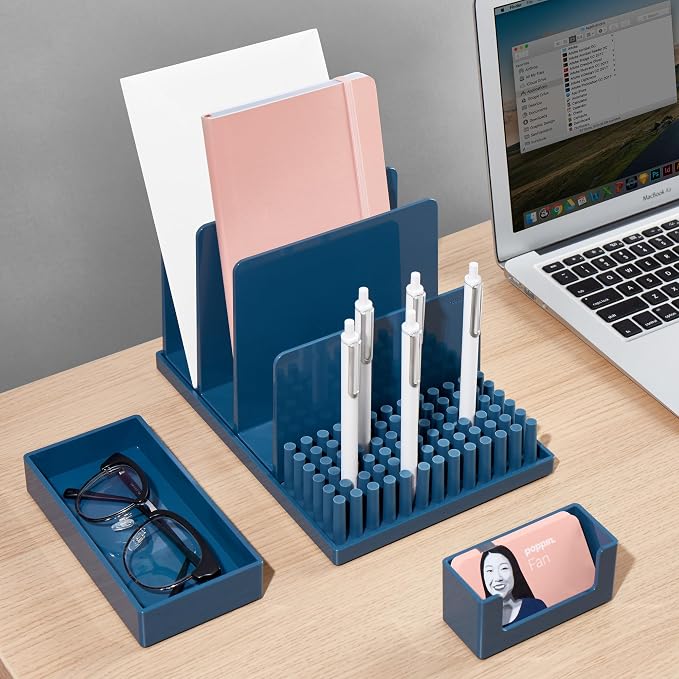 Poppin Stackable Small Accessory Tray - Modular Lacquer Desk Trays for Office Organization, Color-Coordinated Office Supplies for Desk (Slate Blue, Small Accessory)