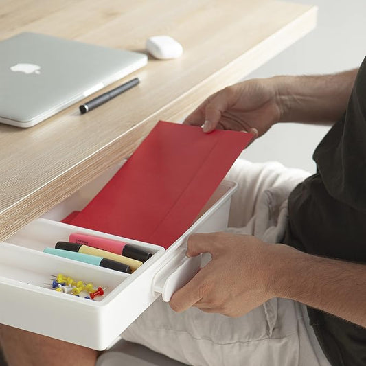 GAROOD Under Desk Drawer, Slide out Hidden Desk Drawers Organizer, Self-adhesive drawer for office/classroom/home 13.3'' x 10.02'' x 2.8’’ (White)