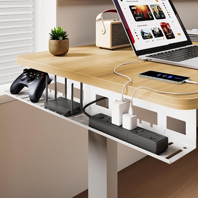PEGZONE Under Desk Cable Management Tray, 31.5 Inches Metal Cord Organizer Rack, Desk Tray for Power Strip, Cord, Wire, Easy Mounting Cable Management Under Table for Home Office, White
