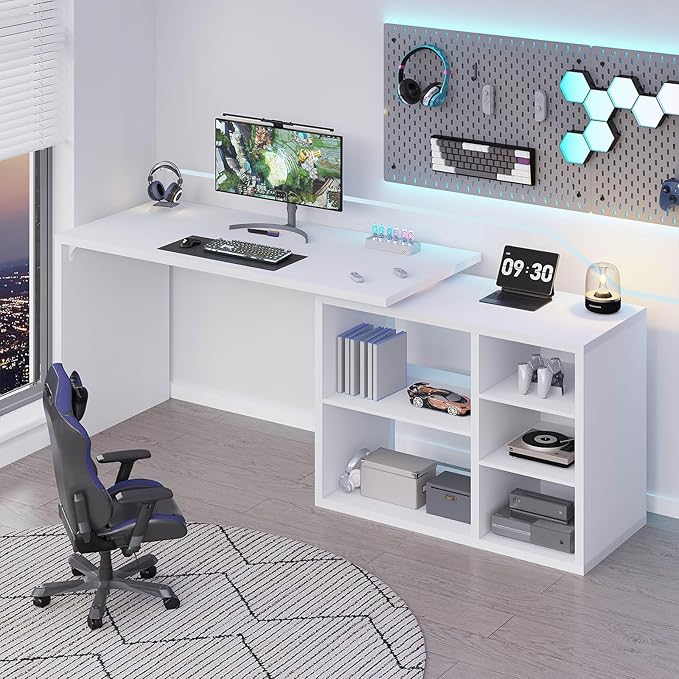 HSH White L Shaped Desk with Shelf, Reversible Modern Home Office Desk Workstation, L Shape Computer Desk with Storage Cabinet Drawer, Industrial Wood Corner Table for Work Study Writing Gaming, 55 In