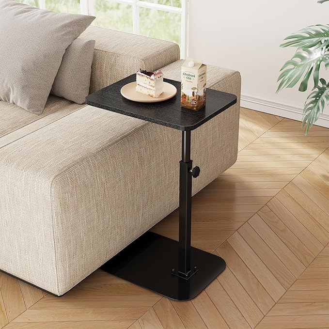 ELYKEN TV Tray Table, C-Shape Couch Desk, 360° Swivel Side Table Height Adjustable, Laptop Stand for Couch Recliner, Small Bedside Tables (Black)