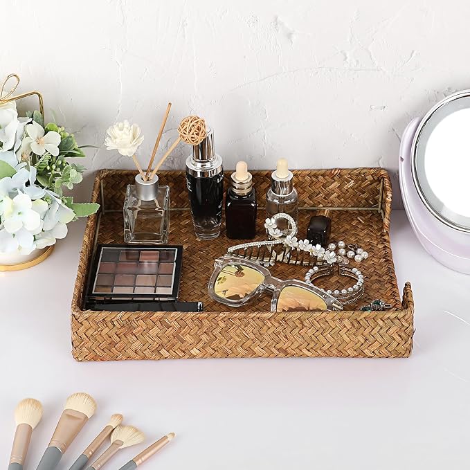 BTSKY Multipurpose A4 File Tray Natural Seagrass Desk Tray Organizer Woven Letter Size Desk Documents Trays Magazine Files Storage Basket Organizer Bin for Office Cosmetics Bathroom, Caramel