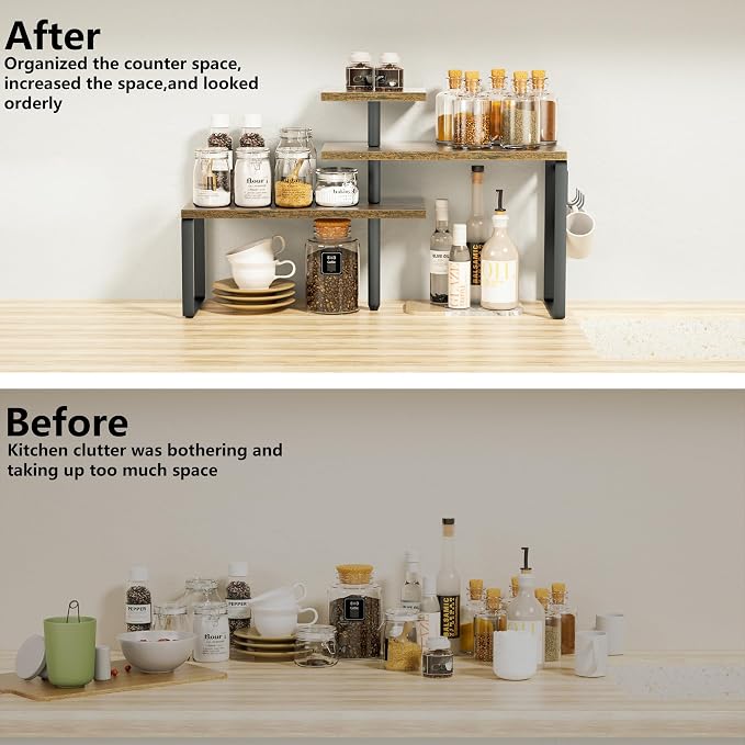 Alsonerbay Countertop Organizer Organization,3 Tier Corner Shelf for Kitchen Counter with Hooks for Coffee Area, Bathroom, Over Sink, Dresser Table (Rustic Brown)