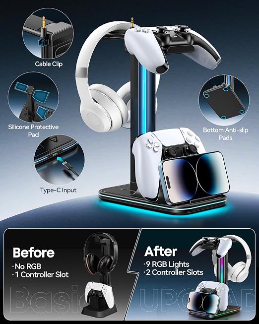 Kytok 4-in-1 Gaming Headset & Controller Stand for Desk, 360° Rotating Headphone Stand with Phone Holder, 10 RGB Modes for PC Gaming Enthusiasts, P5/SW/Xbx Controller Accessories