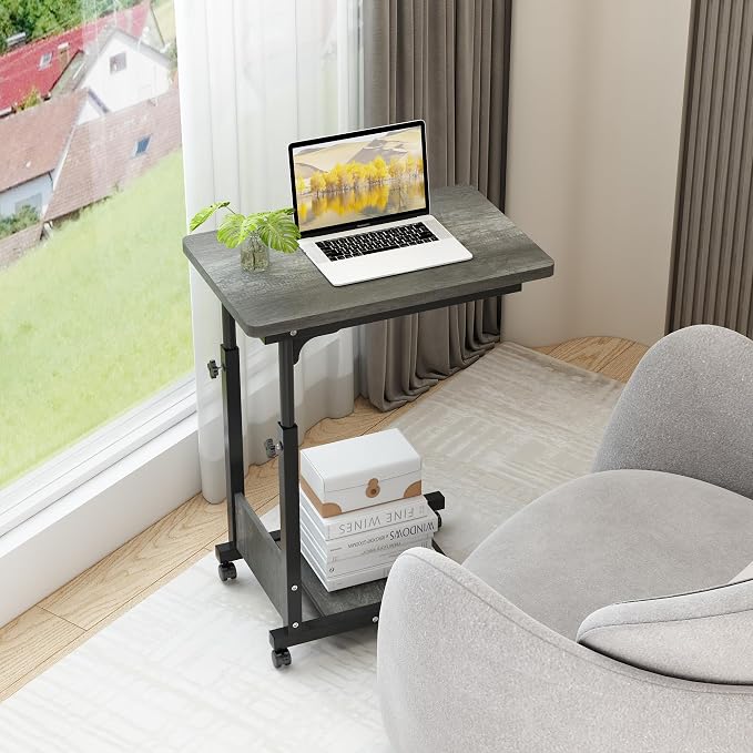TigerDad Adjustable Height C Table Sofa Side Bedside Table with Wheels, Hospital Bed Table Rolling Tray with Storage, Mobile Computer Desk Laptop Table for Home Use,Gray