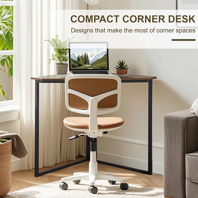 VECELO Ϲоrnеr Desk, Corner Tables for Living Room for Small Space Triangle Computer Desk with Steel Frame Ϲоrnеr Shelves with Metal Frame Ϲоrnеr Writing Desk for Workstation Brown 33.1"