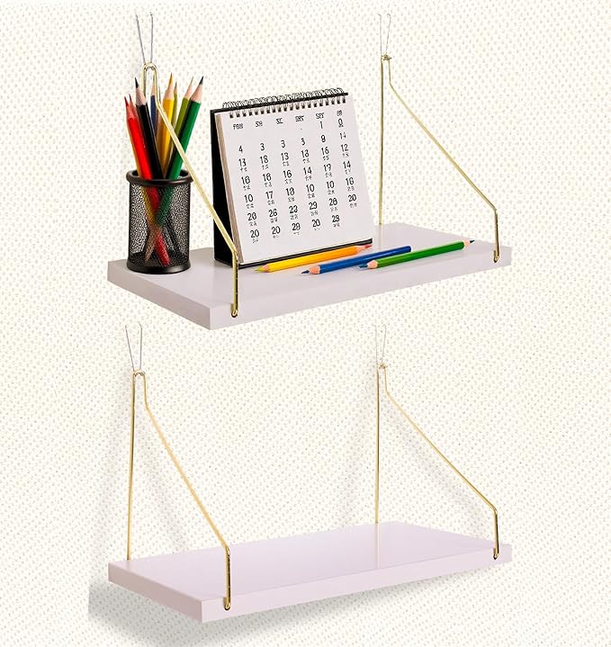 2-Pack Cubicle Shelf For Fabric Walls With Hooks：12x6.0in White Wooden Cubicle Shelf Hanging Gold Bracket Use For Office Cubicle Accessories For Office Stylish Cubicle Decorations For Women Desk