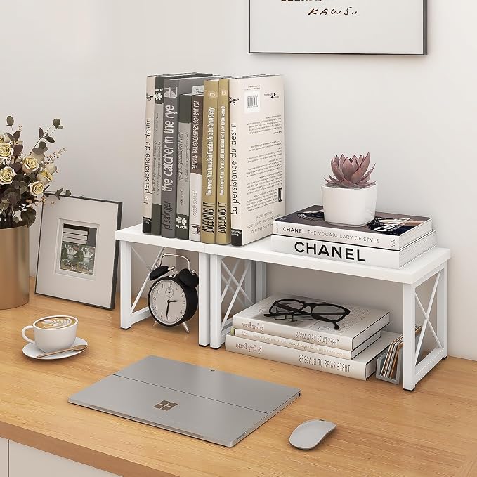 ELITEROO Wood Desktop Shelf, Freestanding Small Bookshelf Dorm Supplies Organizers, 2 Tier Independent Stackable Desk Stand, Adjustable Storage Organizer, Kitchen Counter Display Rack, White