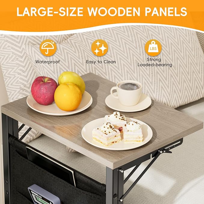 Folding TV Tray Table, 28.8" Tall C-Shaped Side Table for Couch and Bed, Slide Under Sofa Side Desk with Storage Bag - Sturdy Metal Frame Tray for Living Room, Bedroom, Home & Office (Oak Gray)