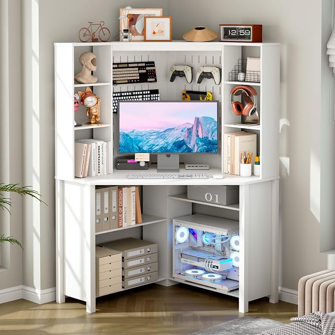 Corner Desk with Shelves-&LED Reading Light,Triangle Home Office Desk w/Charging Station for Work & Study,File Cabinet Storage Bookshelf for Small Space (White)