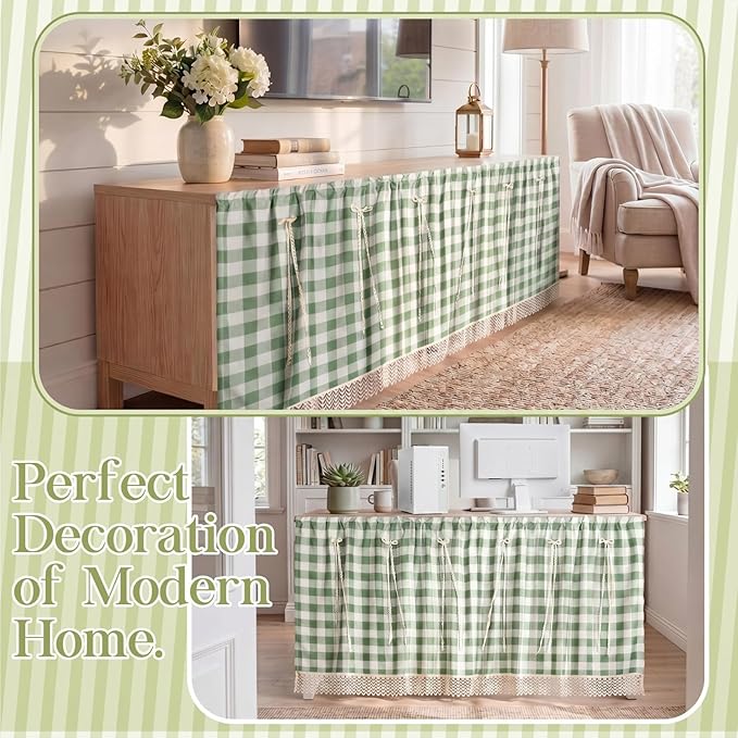 VitalCozy Cabinet Curtain 28" W x 51" L Sink Skirt for Bathroom Kitchen Green Checkered Lace Ruffles Short Curtain for Home Classroom Farmhouse Rustic Drape Under Desk Privacy Drape for Laundry Room
