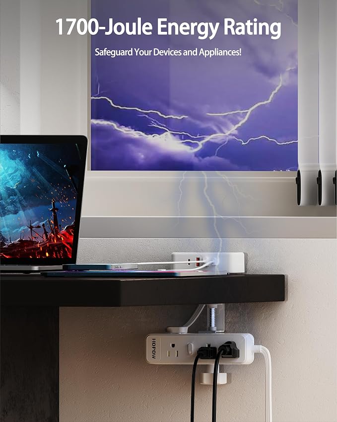 HOPOW Dual Layer Desk Clamp Power Strip（White）, Desktop Edge Mount Charging Station with 13 Outlets 4 USB Ports (2 USB C), Under Desk Surge Protector(1700 Joules), 10 Ft Extension Cord for Office
