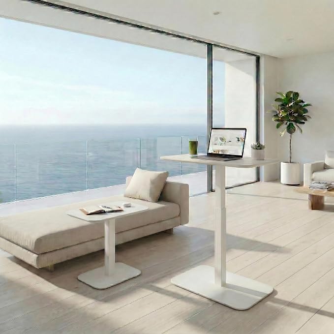 Elevance Height Adjustable Side Table, White Base, Washed Oak Top | Sofa Laptop Table for Couch & Bed | Small C-Shape End Table for Home or Office