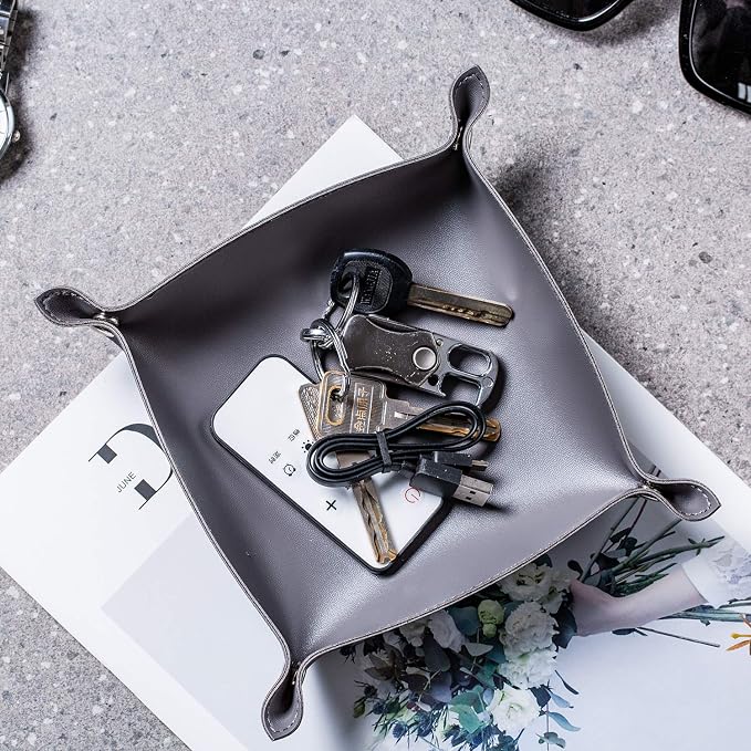 Leather Jewelry Valet Tray for Women and Man, Portable Entryway Table Tray Bedside Nightstand Desk Tray Small Catchall Travel Dish Plate for Key,Wallet,Watch,Coin (2PCs Grey-B)