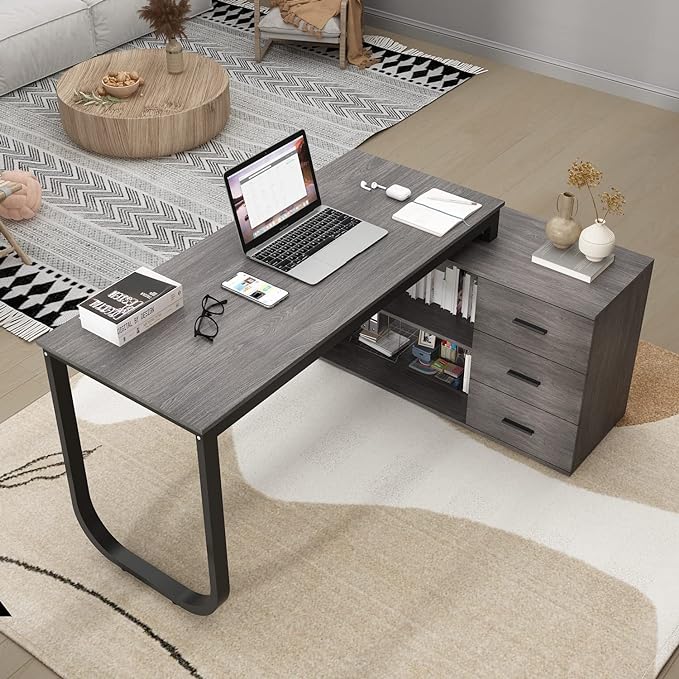 Homsee Home Office Computer Desk Corner Desk with 3 Drawers and 2 Shelves, 54 Inch Large L-Shaped Study Writing Table with Storage Cabinet - Dark Gray & Black