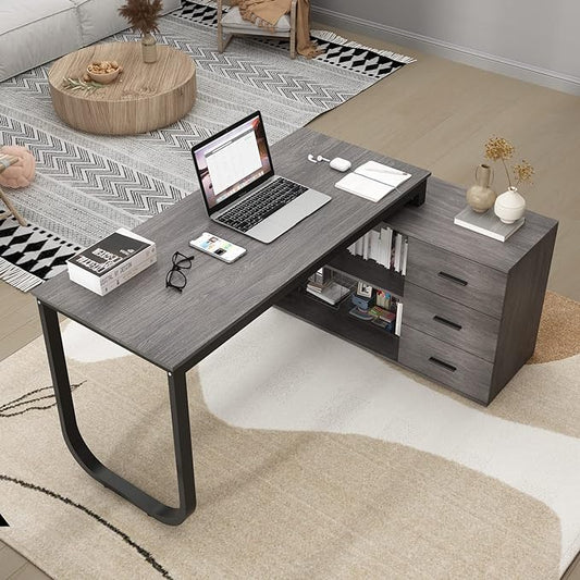 Homsee Home Office Computer Desk Corner Desk with 3 Drawers and 2 Shelves, 54 Inch Large L-Shaped Study Writing Table with Storage Cabinet - Dark Gray & Black