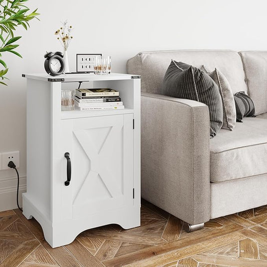 RoyalCraft 25" Tall Nightstand with Charging Station, Farmhouse Night Stand, White End Table with Storage, Large Wooden Rustic Bedside Table for Bedroom, White