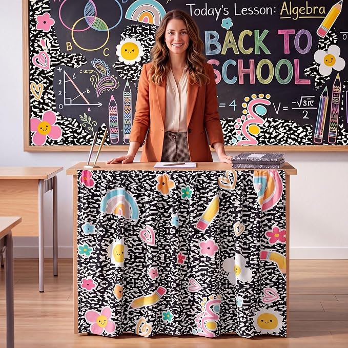VitalCozy Composition Notebook Table Skirt for Classroom Teacher 35" W x 35" L Desk Curtain Skirts Teacher Appreciation Week Back to School Gifts for Kindergarten Classroom Office Bookcase Decoration