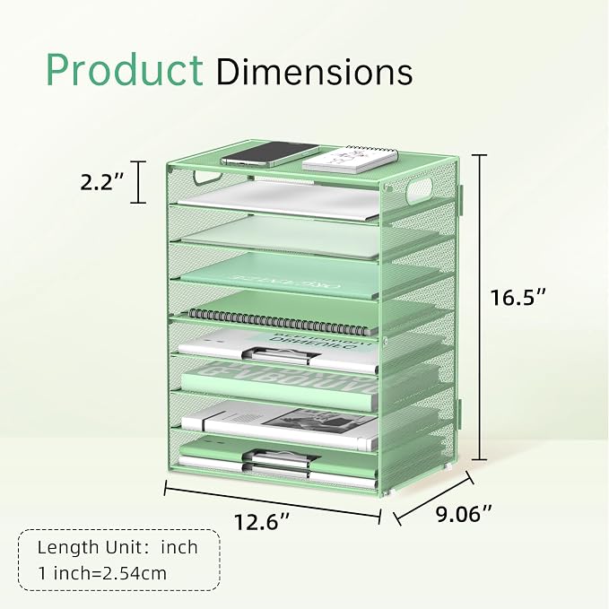 DALTACK 9-Tier Paper Organizer for Desk, Mesh Letter Tray Desk Organizer with Handles, Space-Saving File Organizer for Office Home School Classroom, Mint Green, 2 Pack