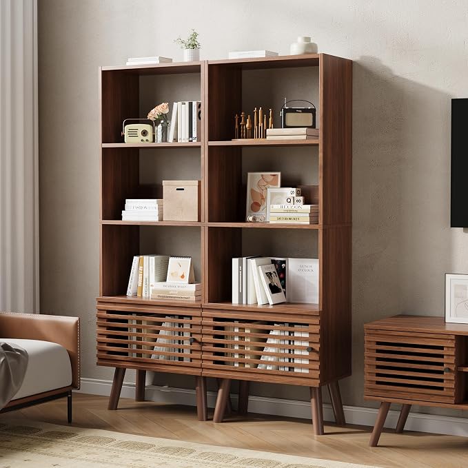 Furnify Small Narrow Corner Bookcase, 55" H Mid Century Modern Bookshelf with Slatted Door, 4 Cube Bookcase with Open Shelf, Display Storage Cabinet for Living Room, Home Office, Walnut