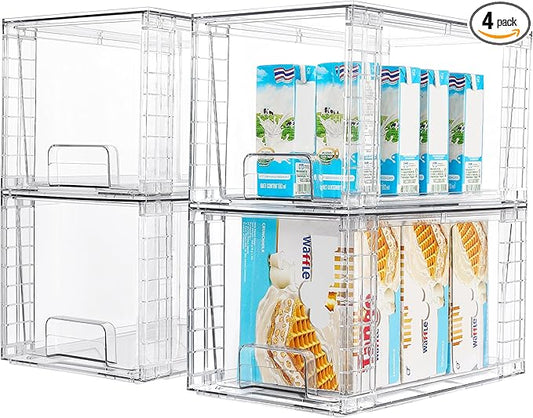 Vtopmart 4Pack Large Stackable Pantry Storage Drawers, Clear Organizer Bins with Handles, Acrylic Drawer Organizers for Kitchen, Pantry, Bathroom Undersink, Cabinet Organization and Storage