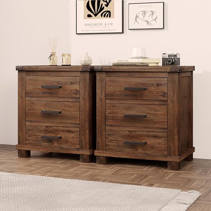Knocbel Farmhouse Nightstand with 3 Storage Drawers, Reclaimed Pine Wood Bedside Table Night Stand Sofa Side End Table with Antique Metal Handles, Fully Assembled (Natural 2-Piece)