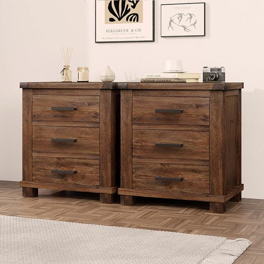 Knocbel Farmhouse Nightstand with 3 Storage Drawers, Reclaimed Pine Wood Bedside Table Night Stand Sofa Side End Table with Antique Metal Handles, Fully Assembled (Natural 2-Piece)