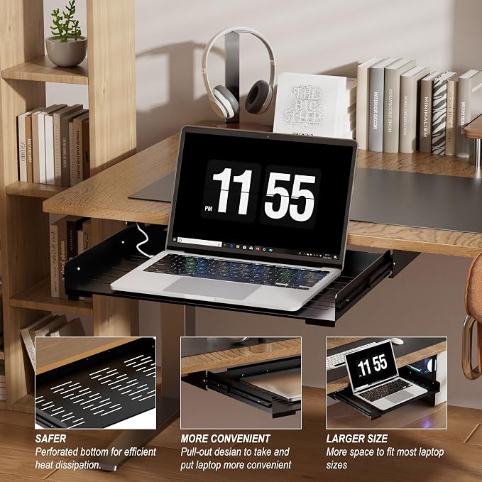 Under Desk Laptop Drawer, 22.8'' Wide Pull-Out Tray – Metal Perforated Bottom for Heat Dissipation, Sliding Track, Under-Desktop Storage for Laptop & Accessories