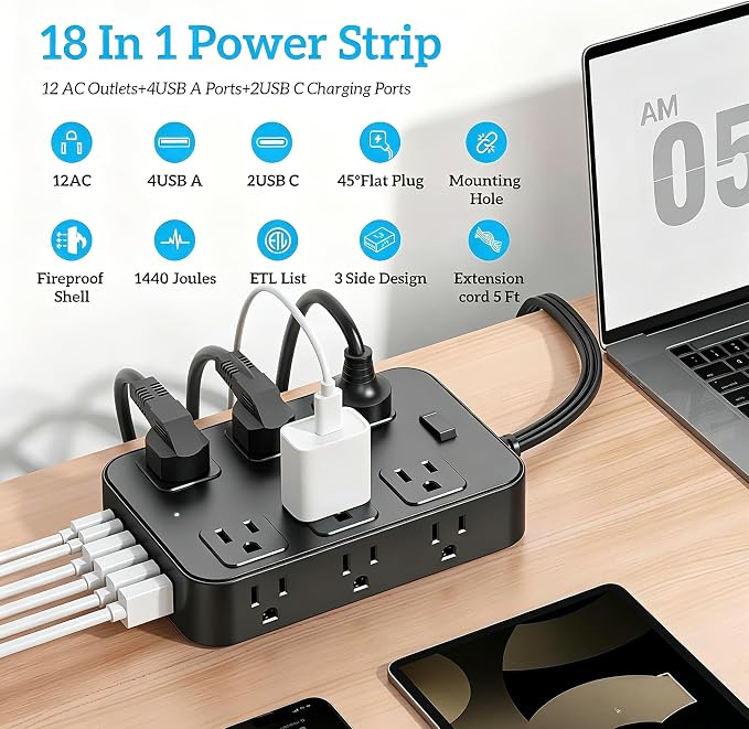 Flat Plug Power Strip Surge Protector 5 Ft Extension Cord with 12 AC Outlets 6 USB Ports 3 Side Multi Plug Outlet Extender Home Office Kitchen Dorm Room Wall Desk Charging Station ETL Listed