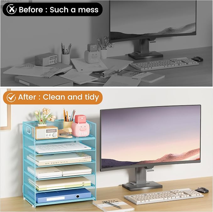 Subekyu 6-Tier Desk Paper Organizer, Desktop File Letter Tray with Handle, Document Sorter and Accessories Holder for Office, Home and School Workspace Organizers, Blue-2 Pack