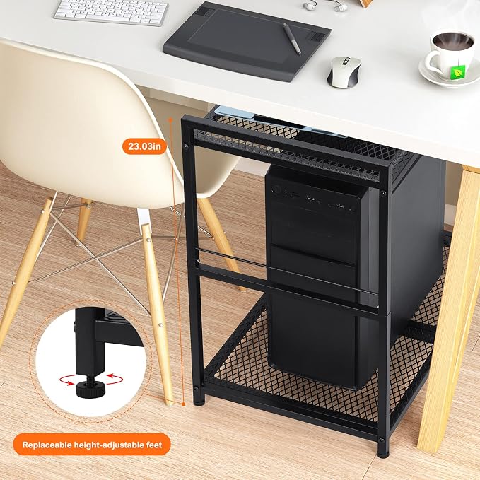 YBING Computer Tower Stand, PC Tower Stand Metal Mobile CPU Holder Stand Cart with Caster Wheels 2 Tier Rolling Printer Cart Under Desk for Fax Home Office Black