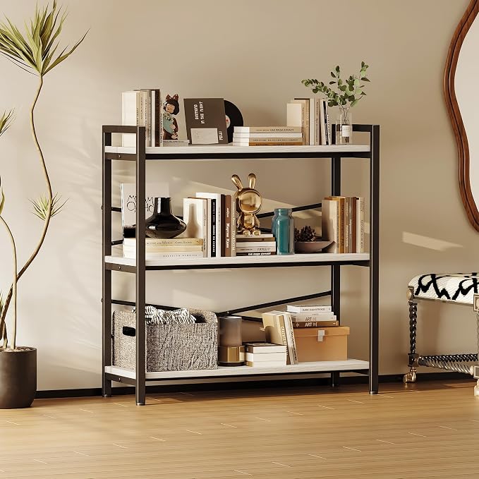 Book Shelf, 3 Tier Bookshelf 31.49" Width, Book Shelf Storage and Organization, Wooden and Metal Industrial Bookcase, Large Book Shelves for Home Living Room Bedroom Office Storage(White)