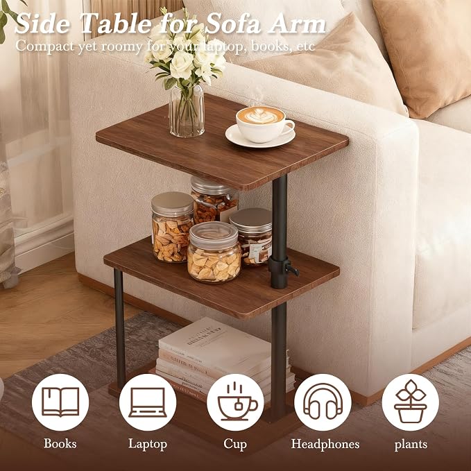 Faesun Swivel Side Table for Couch Arm, Adjustable C End Table for Recliner or Bed, Tv Trays with Storage Shelf for Small Spaces Small Nightstand Table for Living Room, Bedroom，2pc
