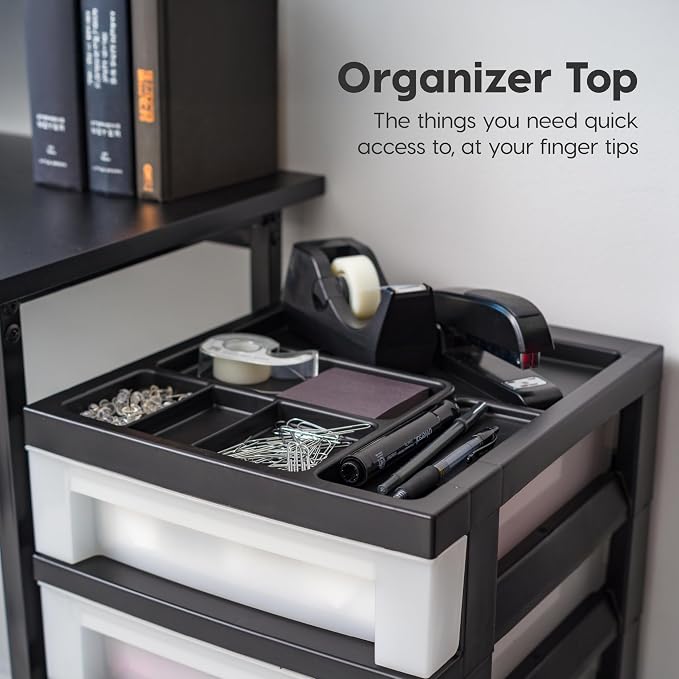IRIS USA Plastic Drawer Storage Organizer Rolling Cart, 3-Drawers, for Classroom Art Craft Supplies Dresser Closet Bathroom Laundry Room, Black/Pearl