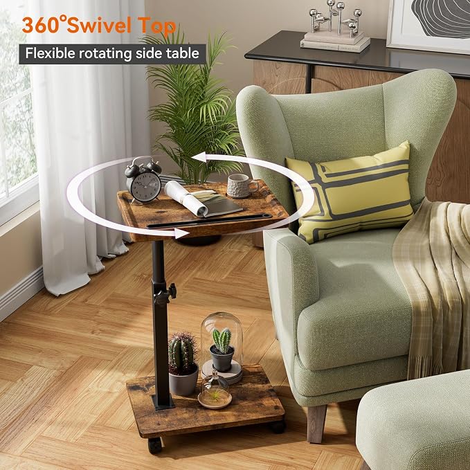IBUYKE C Shaped Side Table Height Adjustable, 360° Swivel TV Tray Table with Wheels, End Table for Small Spaces,Living Room,Small Bedside Table for Eating, Dinner or Laptop, Brown UTVT007H