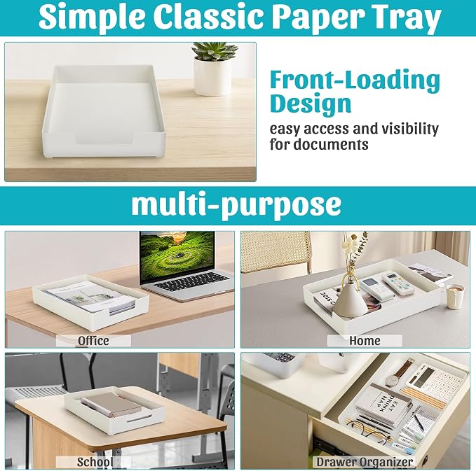 Letter-Size Tray Desk Letter Tray Paper Tray, Sturdy Heavy-Duty Plastic Printer Paper Tray, Single-Tier Stackable File Storage Organizer for Office Home (White ×2)