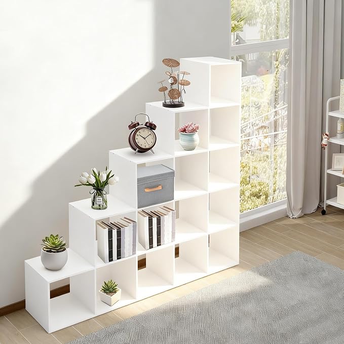 Ladder Cube Storage Bookcase, Desktop Drawers Cabinet, 15-Compartment L-Shaped Organizer, Corner Shelf, Free Standing, for Bedroom Living Room Study Office, Books Toys Decor