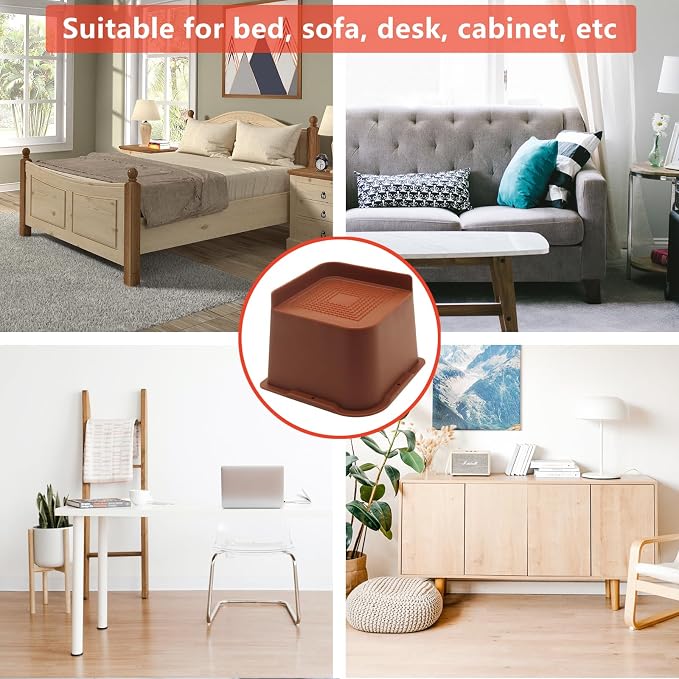 4 Pack Brown Bed Risers 4 inch Heavy Duty, Oversized Furniture Risers, Bed Lifts Risers for Table, Sofa, Chair, Couch, Desk, Bed Frame Risers Supports Up to 6,500 Lbs