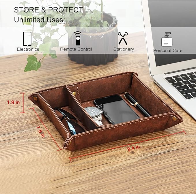 SITHON Valet Tray Desktop Storage Organizer, Removable 2 Compartments Catchall Tray Bedside Vanity Nightstand Caddy Holder Desk Storage Plate, Graduation, Brown