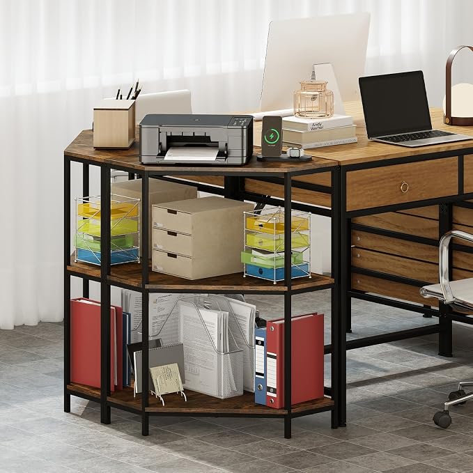 Giantex Corner Printer Stand, 3-Tier Corner Shelf with Charging Station and Metal Frame, Small Industrial Bookshelf, Printer Table for Living Room, Kitchen, Home Office (1)