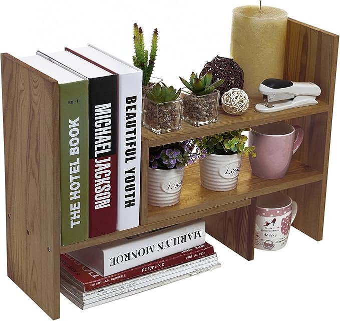 MyGift Adjustable Brown Solid Wood Desktop Storage Organizer Display Shelf Book Rack, Home Office Desk Decor Bookshelf