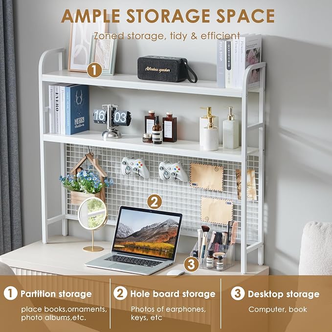 Desktop Hutch Shelf Organizer, 2-Tier Metal & MDF Desk Bookshelf with Grid Panel and Hooks for Office & Dorm (White, 45.3")