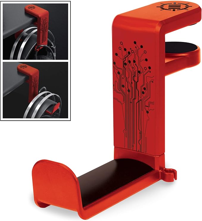 ENHANCE PC Gaming Headphone Holder - Desk Headphone Hanger Esports Headset Holder with Adjustable 360 Rotation, Under Desk Hook Clamp, Universal Fit - Built in Cable Clip Organizer - Red