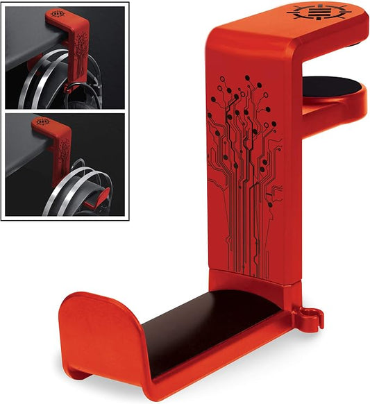 ENHANCE PC Gaming Headphone Holder - Desk Headphone Hanger Esports Headset Holder with Adjustable 360 Rotation, Under Desk Hook Clamp, Universal Fit - Built in Cable Clip Organizer - Red