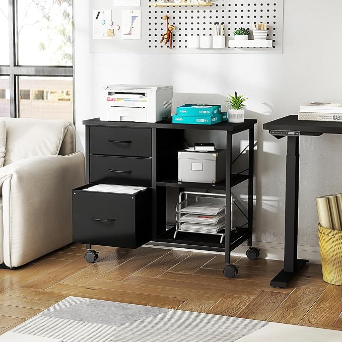 OLIXIS 3-Tier Printer Stand with Fabric Storage Drawer, Rolling Printer Cart with Lockable Wheels and Metal Frame, Under Desk Table with Open Storage Shelf for Small Spaces, Home, Office, Black